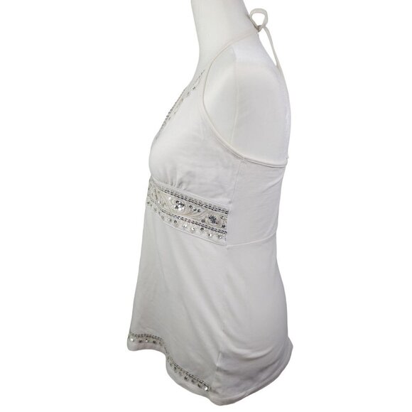 Dynamite Y2K Cream Empire Waist Halter Top Sequin Gold Embroidered Details Large - Picture 6 of 13